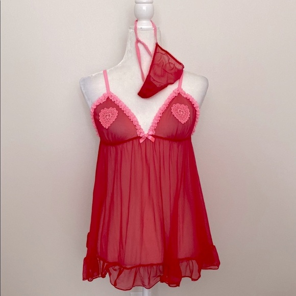 Victoria's Secret watermelon Red and Pink mesh Chemise & thong set - Picture 1 of 10